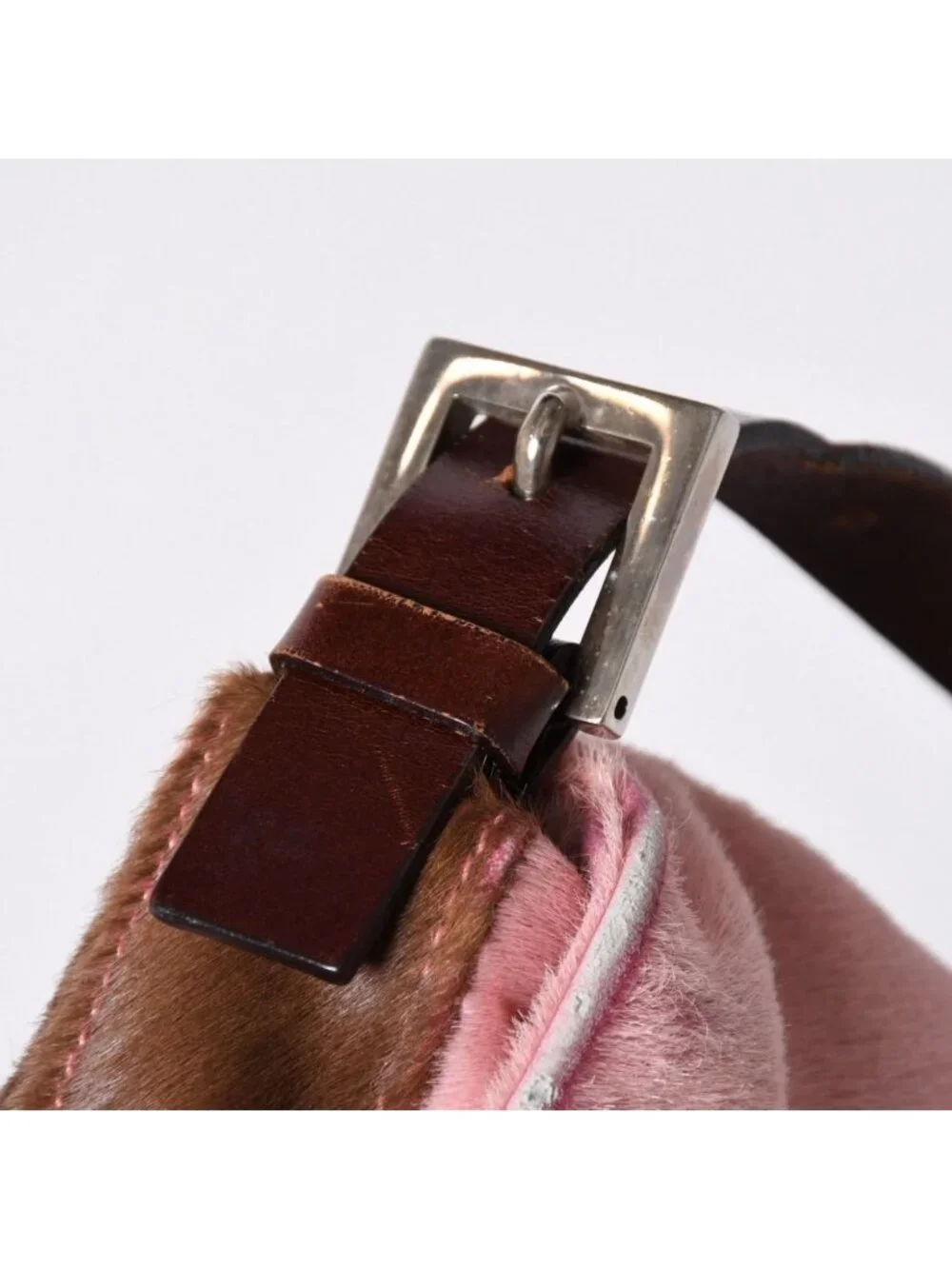 Fendi Mamma Baguette Calf Hair Leather Shoulder Bag Pink Brown Silver